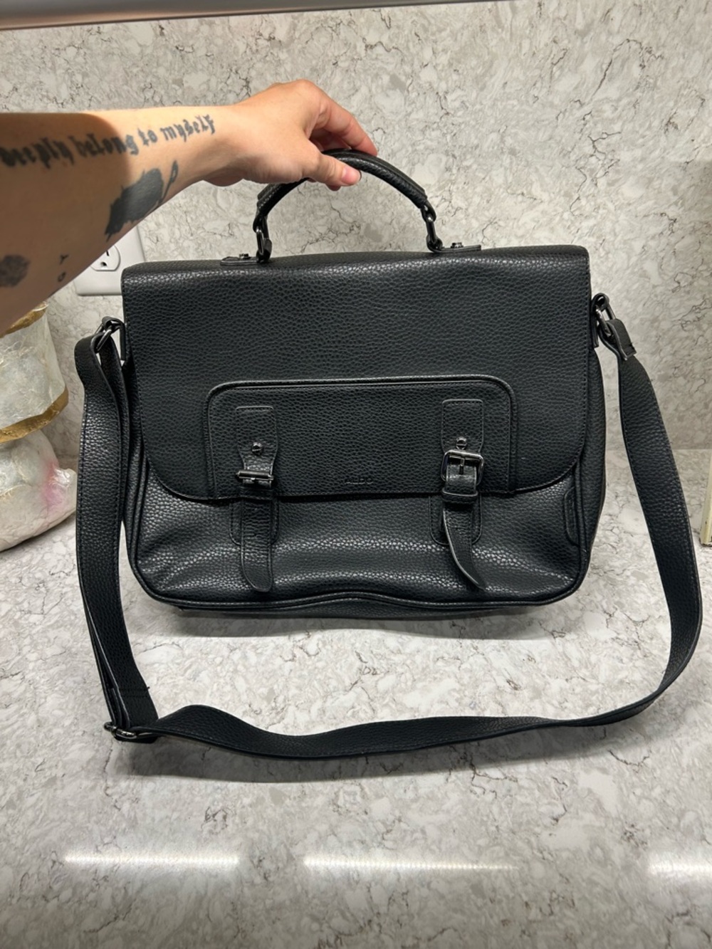 Aldo Black Pebbled Leather Messenger Bag